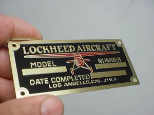 Lockheed Vega Aircraft Data Plate 1930's Acid Etched Brass